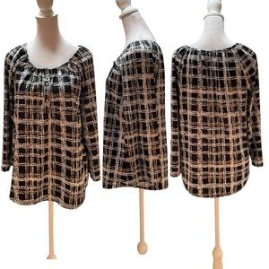Notations Black, White & Tan Print 3/4 Sleeve Elastic Scoop Neck Blouse Size PL